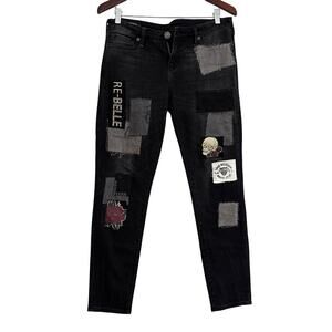 True Religion Halle Mid-Rise Skinny Jeans Skull Patch Black Rinse Wash Size 29